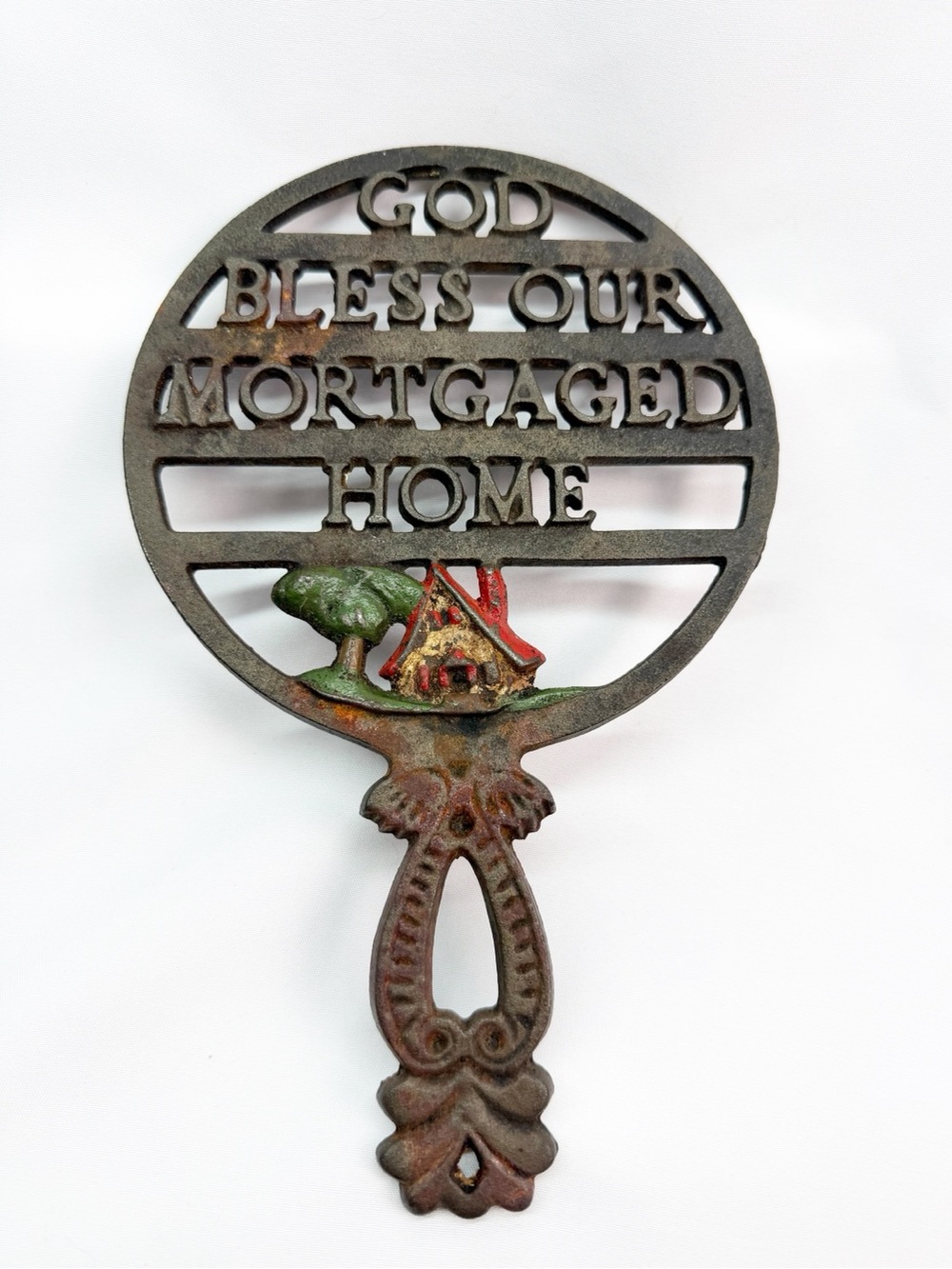Vintage Wilton God Bless Our Mortgaged Home Cast Iron Trivet